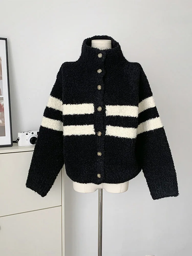 

Thicken Warm Women Striped Design Knit Cardigan Outer 2022 Autumn Winter Turtleneck Knitwear Female Loose Plush Sweater Vintage
