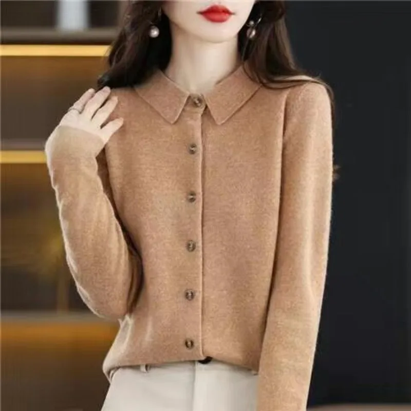 

Spring And Autumn POLO Collar Sweater Knitted Shirt With Loose Long-Sleeved Non-Cashmere Cardigan Temperament Lapel Jacket