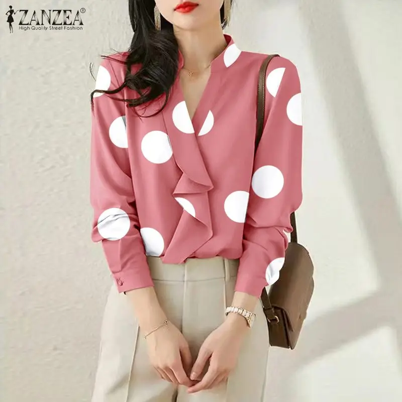 

Casual Work Office OL Blusas Chemise Tunic ZANZEA Vintage V Neck Long Sleeve Tops Women Polka Dots Shirt Spring Blouse Oversized