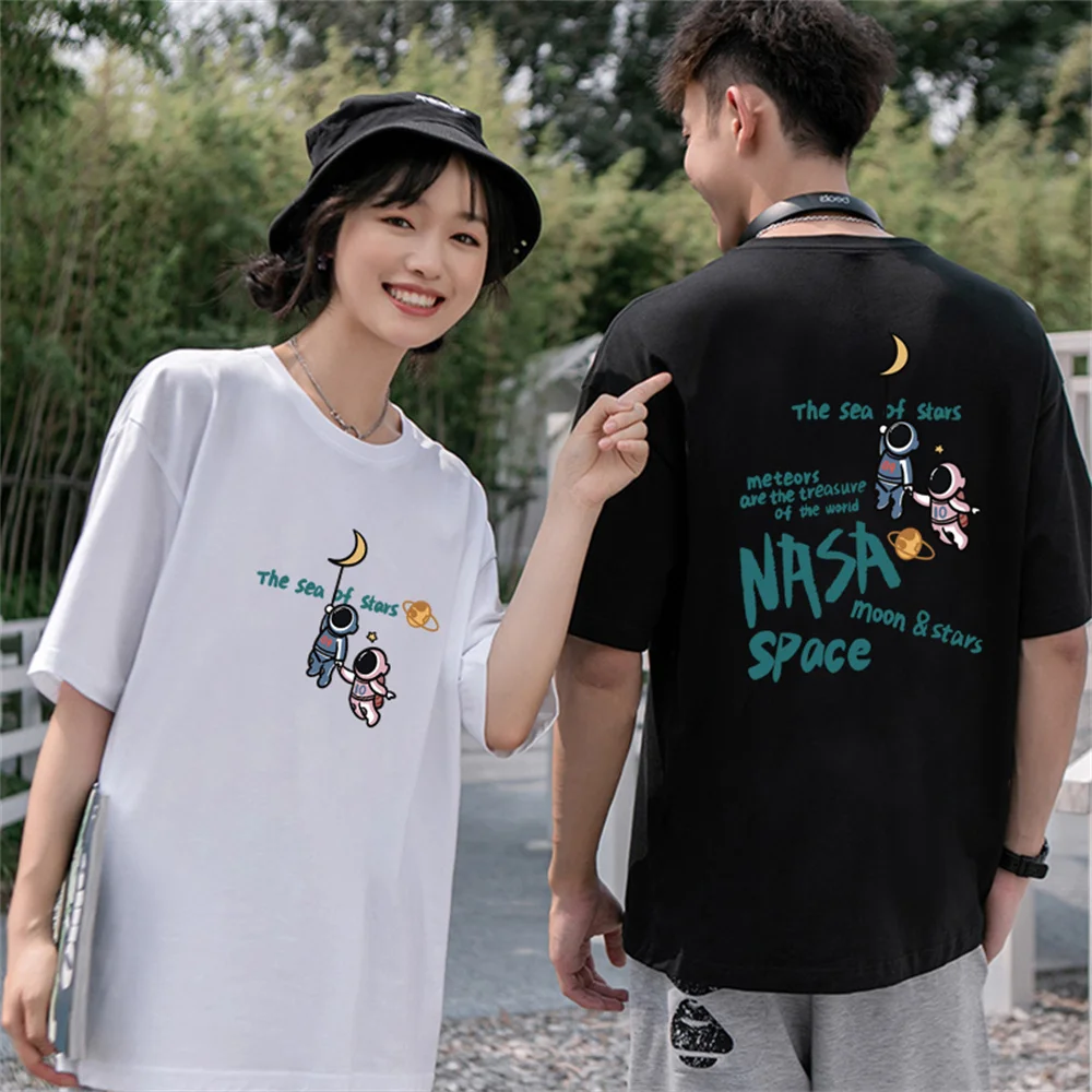 

Cartoon Astronaut Print Men Women Oversized T-Shirt 2023 Summer Korean Fashion Style Tshirt Tops White Black For All Occasion