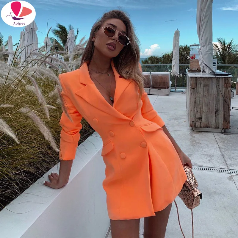 

2023 Long Sleeve Slim Blazer Dress Autumn Winter Women Fashion Pure Orange Streetwear Outfits Windbreak