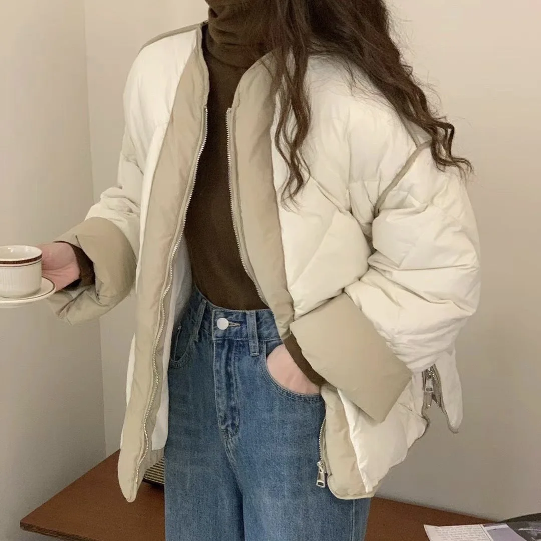 Collision Stitching Rhombus Down Jacket Women's Round Collar Design Sense Short Cotton Jacket White Duck Down Warm Jacket