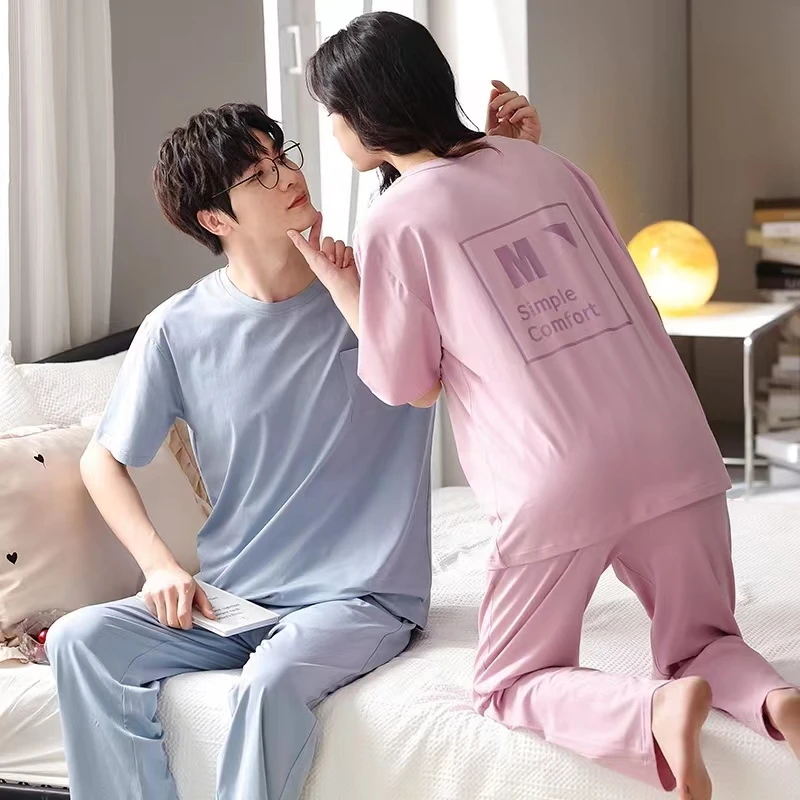 Yasuk 2022 Spring Fashion Women's Casual Lovely Soft Cotton Sleepwear Homewear Couple Pajamas Set With Pants Pocket Solid Print