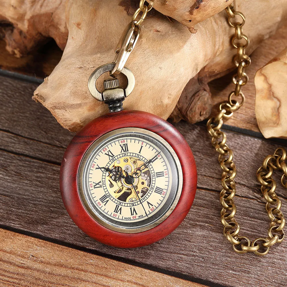 Wooden Case Mechanical Pocket Watch Hand Winding Steampunk Skeleton Fob Watches Chain Romans Necklace Pendant For Men Women
