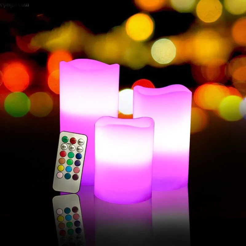 

Set of 3 Remote controlled w/timer flickering LED Candle Pillar Paraffin wax Wedding Home Bar party table Decoratio-Multicolor