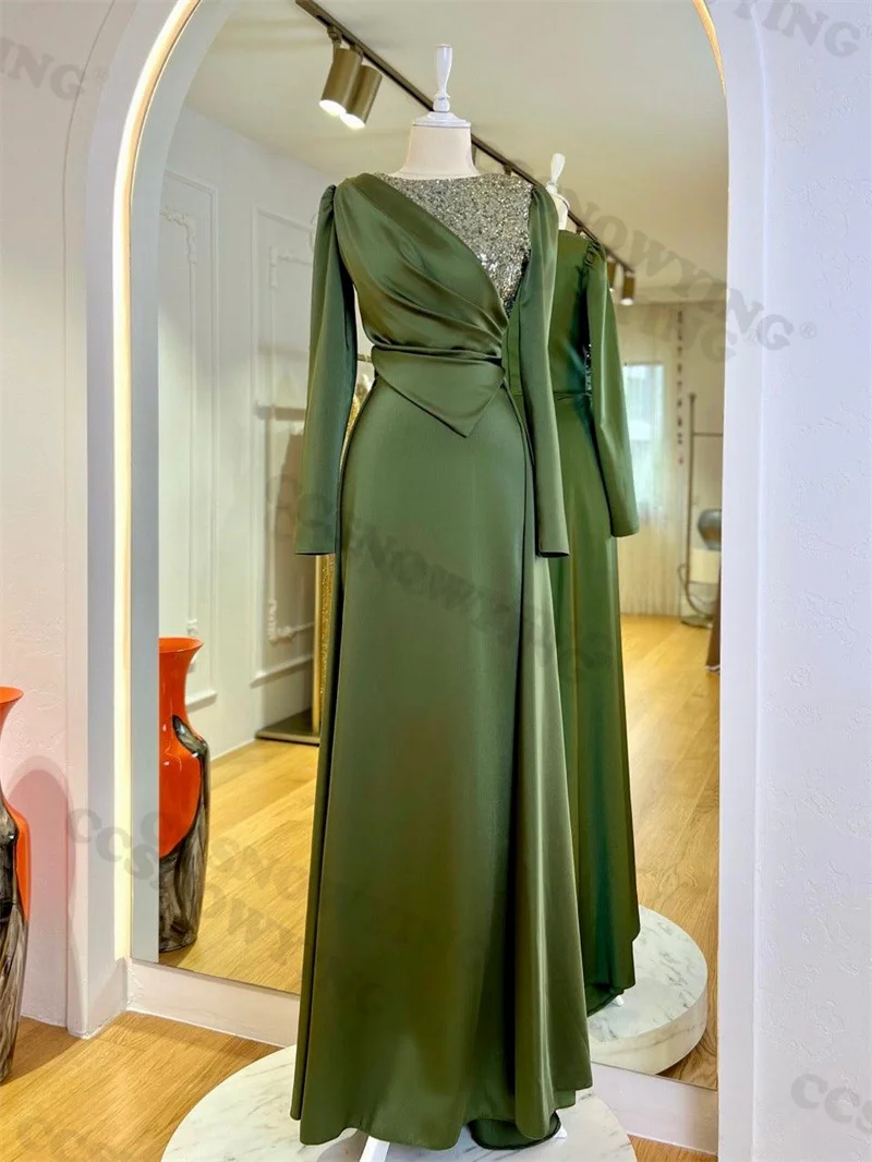 

Fashion Appliques Beaded Muslim Evening Dresses Long Sleeve Islamic Formal Party Gowns Round Neck Women Arabic Robes De Soirée