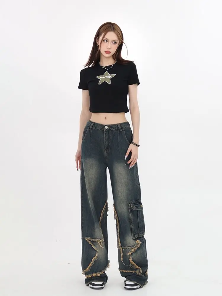 HOUZHOU Vintage Women Cargo Jeans Baggy Star Girl Y2k Grunge 90s Aesthetic Gyaru Denim Trousers Korean Streetwear Hippie Pants