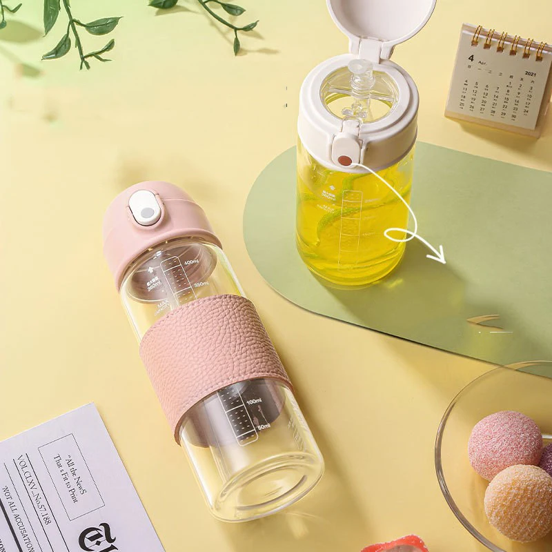 

Glass Cup With Straw INS Style Transparent Girls Male Portable High Value Cute Scale Netflix Drinking Flask