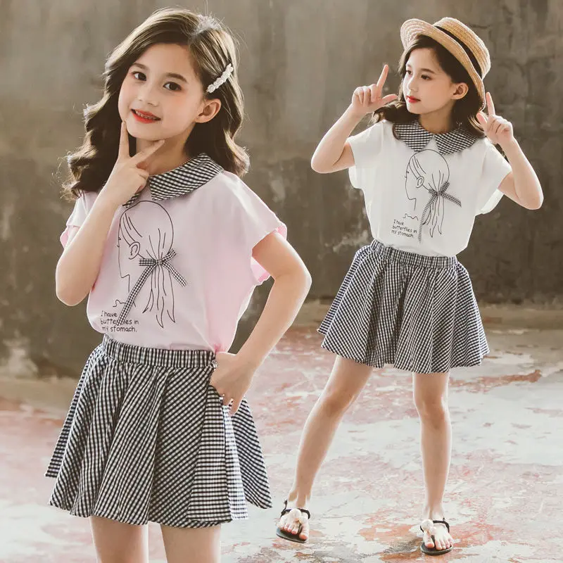 

Children's Clothing Girls Summer Sets 2022 Fashion 2 Piece Suit Sexy Short Dress Plaid Lapel Short Sleeve 11 Years elegant Skirt