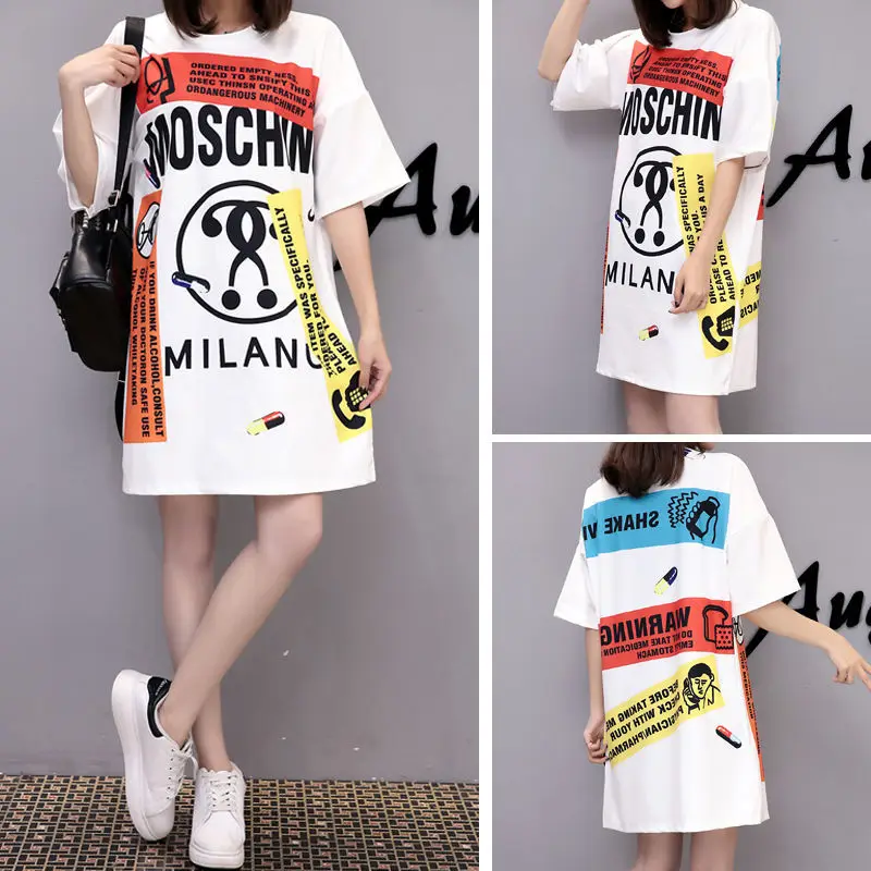 

Oversize Women's Top T-shirt Summer New Loose Cartoon Letter Print Women Long Section Short Sleeve T-shirt Hip Hop O-Neck Print