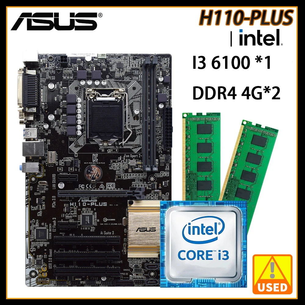 

LGA 1151 ASUS H110-PLUS+I3 6100+DDR4 4G*2 Motherboard Kit Intel H110 Support Core i3 i5 i7 Cpus 32GB VGA DVI USB3.0 SATA3 ATX