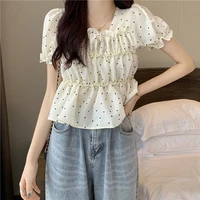 all match summer solid casual pullover womens loose soft gentle student ruffles polka dots t shirt slim pullover tess