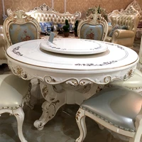 european style marble dining table french round table all solid wood baking pearl light white wood surface send turntable table