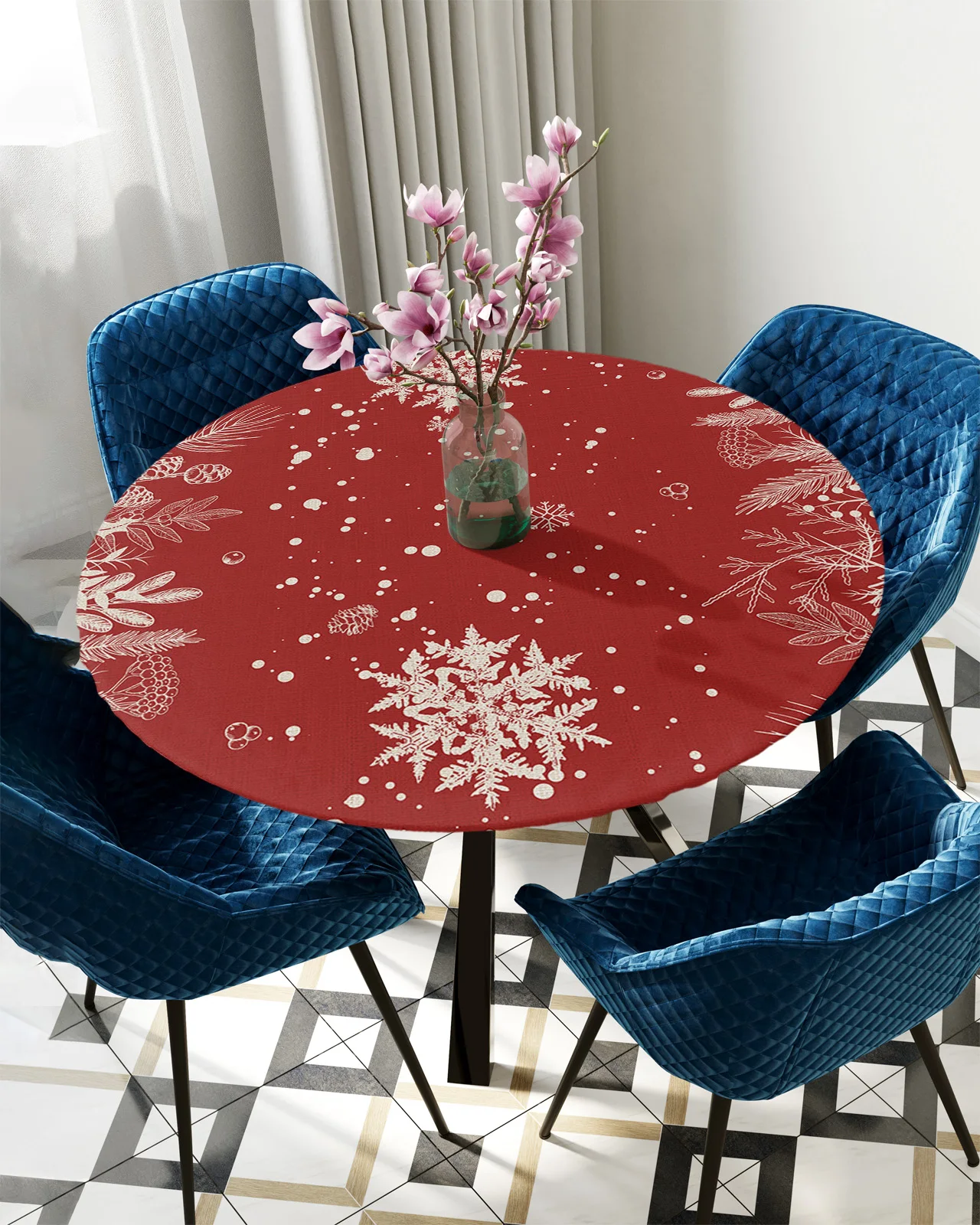 

Christmas Snowflake Plant Pine Leaves Table Cover Holiday Party Dinner Table Elastic Tablecloth Kitchen Waterproof Tableclot