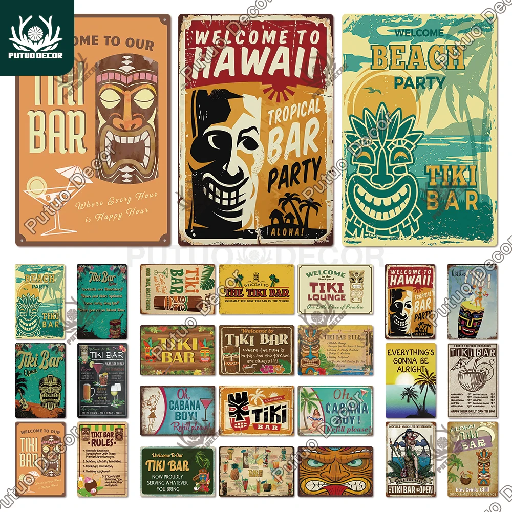 

Putuo Decor Tiki Bar Tin Signs Metal Plaque Vintage Tin Poster Summer Art Wall Decoration for Beach House Bar Pub Hawaii Party