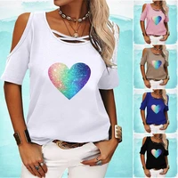 women fashion heart print top summer casual off shoulder top round neck short sleeve tee shirt ladies loose t shirt