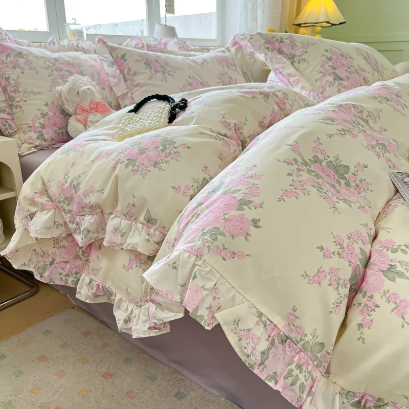 Princess Sle Pure Cotton Quilt Cover 50 X200x230 Korean sle Print Lace Romantic Four-Piece Set