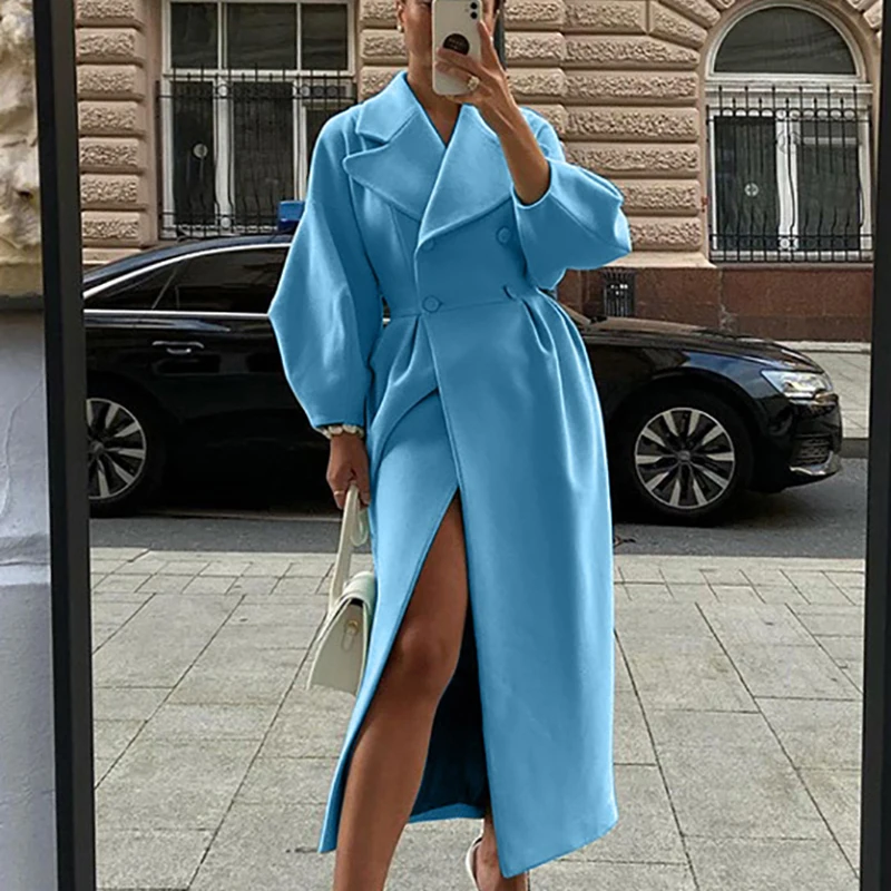 Autumn Lantern Sleeve Women Woolen Coat Lapel Double-Breasted Office Lady Long Jackets Windbreaker Thick Streetwear Female Coats