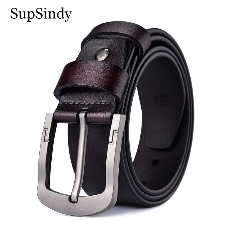 SupSindy Men Genuine Leather Belt Luxury Metal Pin Buckle Cowhide Leather Belts for Men Jeans Waistband Casual Male Strap Black