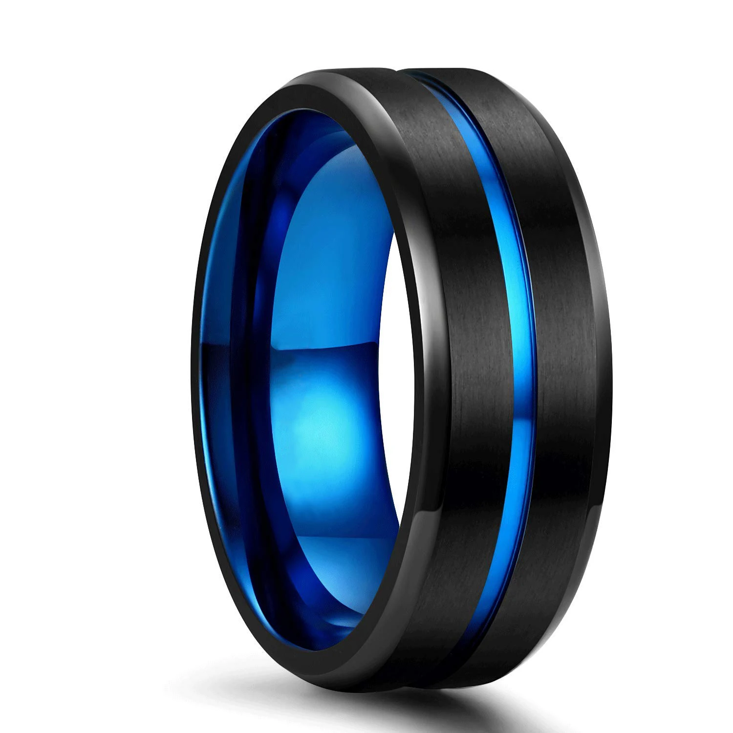 

Fashion 8mm Men's Black Tungsten Wedding Band Rings Blue Groove Beveled Edge Engagement Ring Men’s Valentine Gift Free Shipping