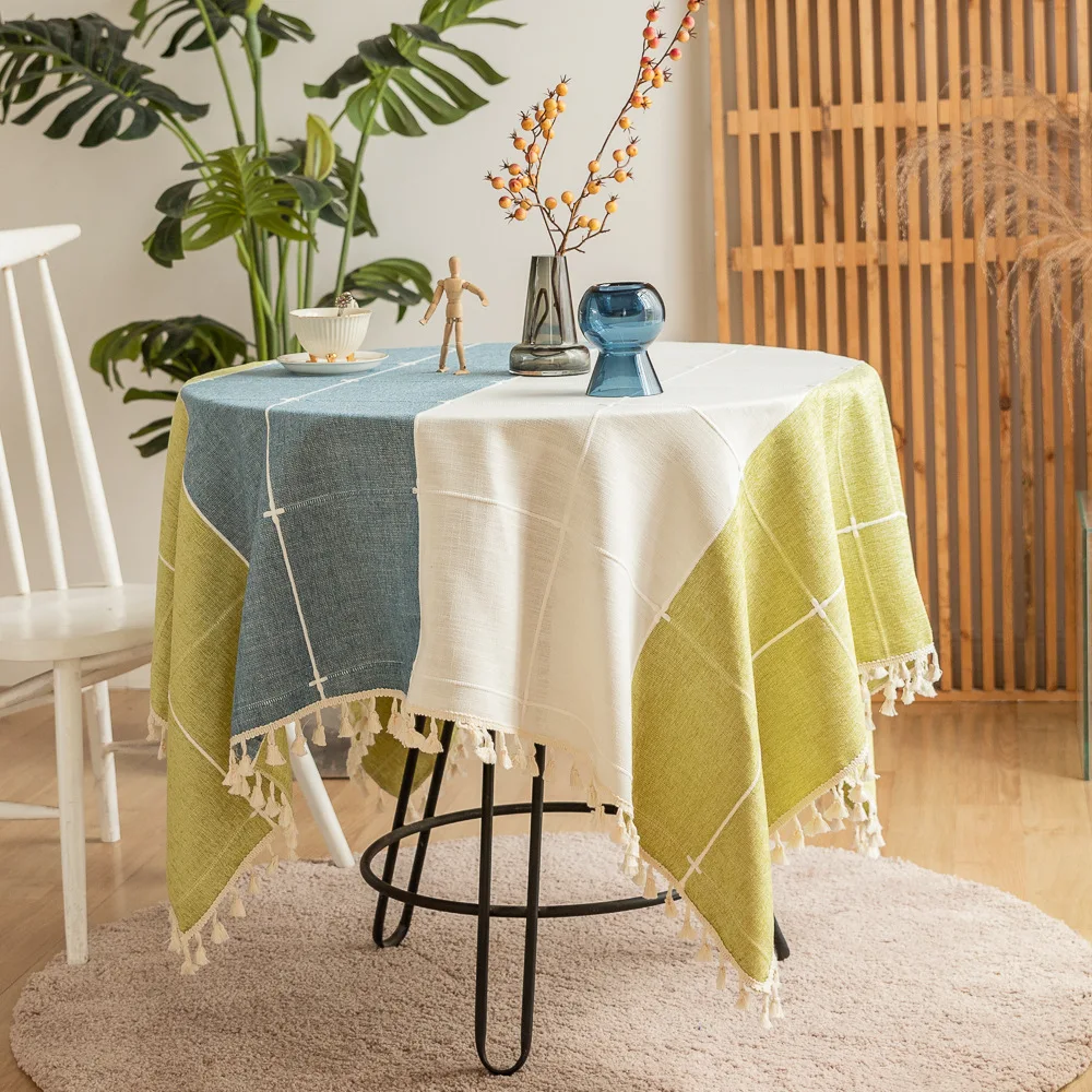 

Tablecloth Color Matching Square Round Table Large Lattice Tassel Cotton and Linen Dustproof Coffee Table Cloth Cover Towel Home