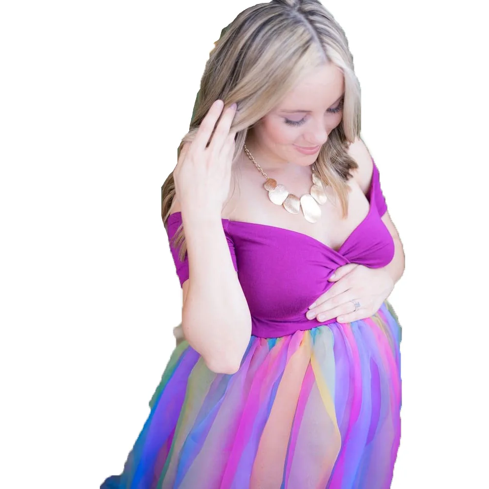 Rainbow Maternity Dress Mommy Shooting Ribbon pregnancy photoshoot dress Maternity Gown Tail Pregnant Dress for Photography enlarge