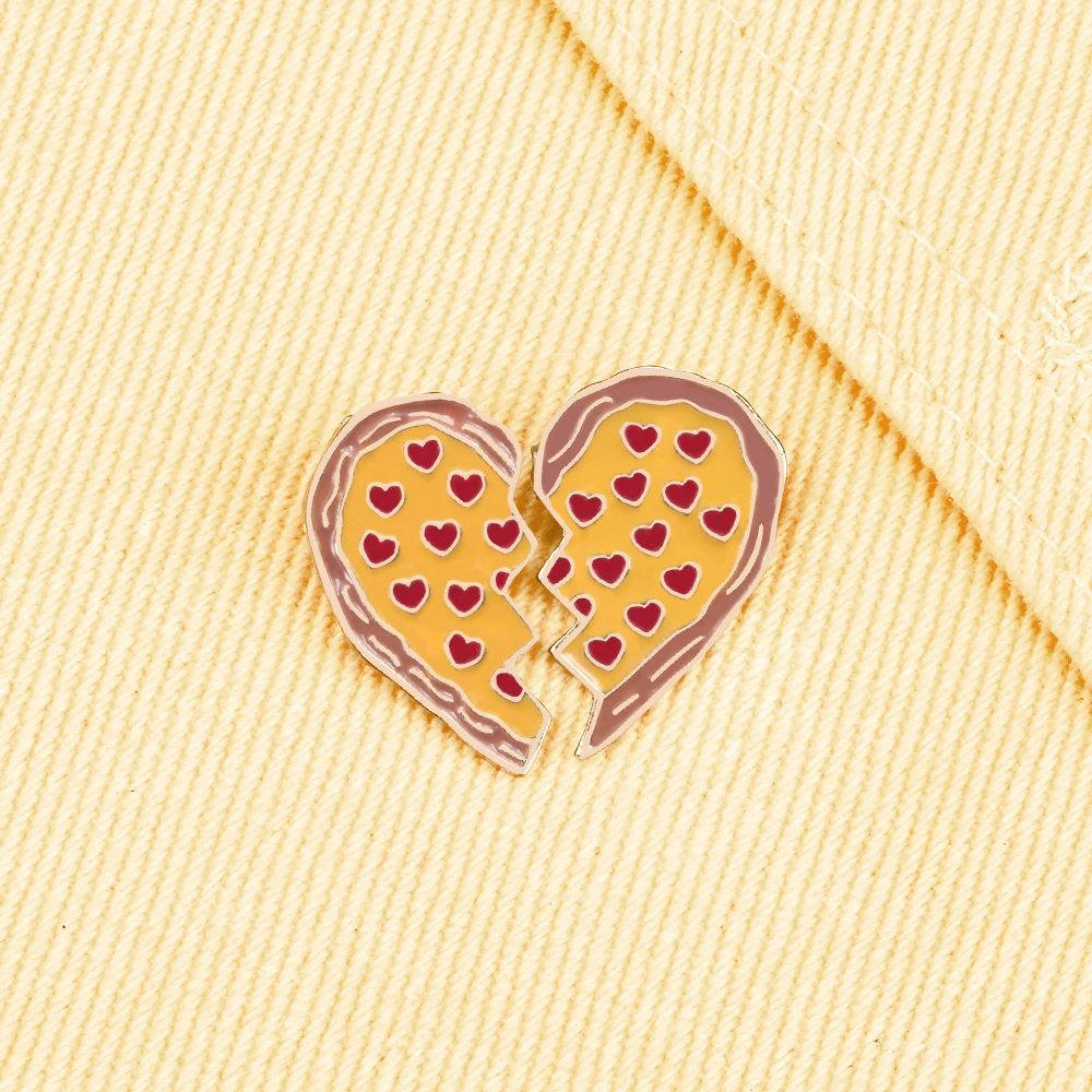 New 2 Pcs/Set Broken Pizza Heart Shaped Enamel Pin Brooch Clothes Backpack Accessories Pins Badge Brooches Jewelry Gift For Kids