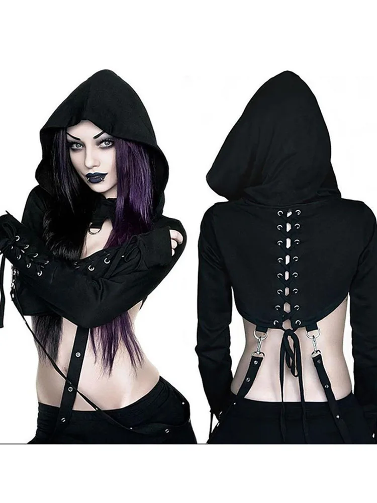 

Женский Готический свитер с капюшоном, черный пуловер с длинным рукавом, асимметричная накидка, Короткие топы, хлопковая модная женская оде...