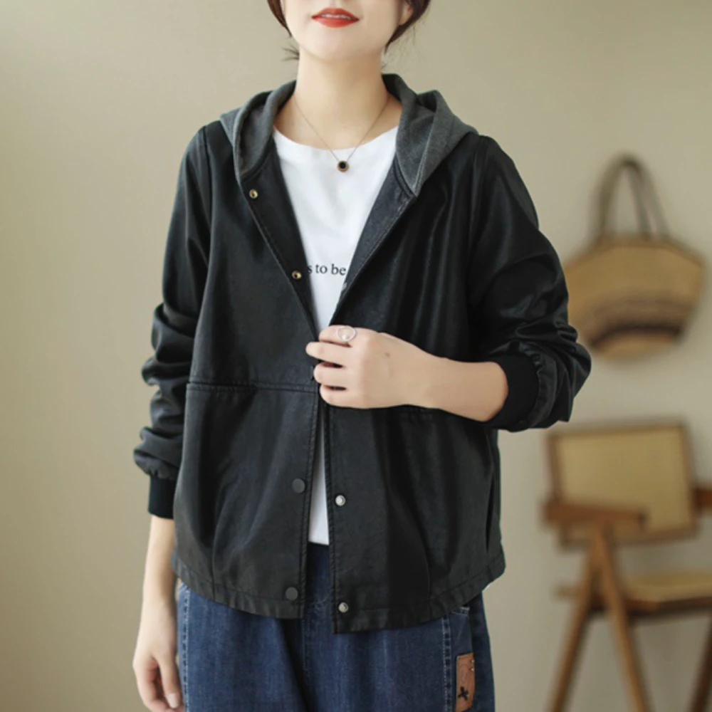 Новое осеннее кожаное пальто с капюшоном женское свободное повседневное пуловер