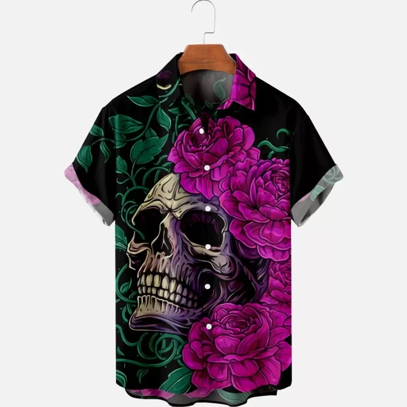 New Men's Shirts Skull Vintage Print Tops Hawaiian Men's Clothing Short Sleeves Casual Hip Hop Beach 3D Printed Shirts Camisa