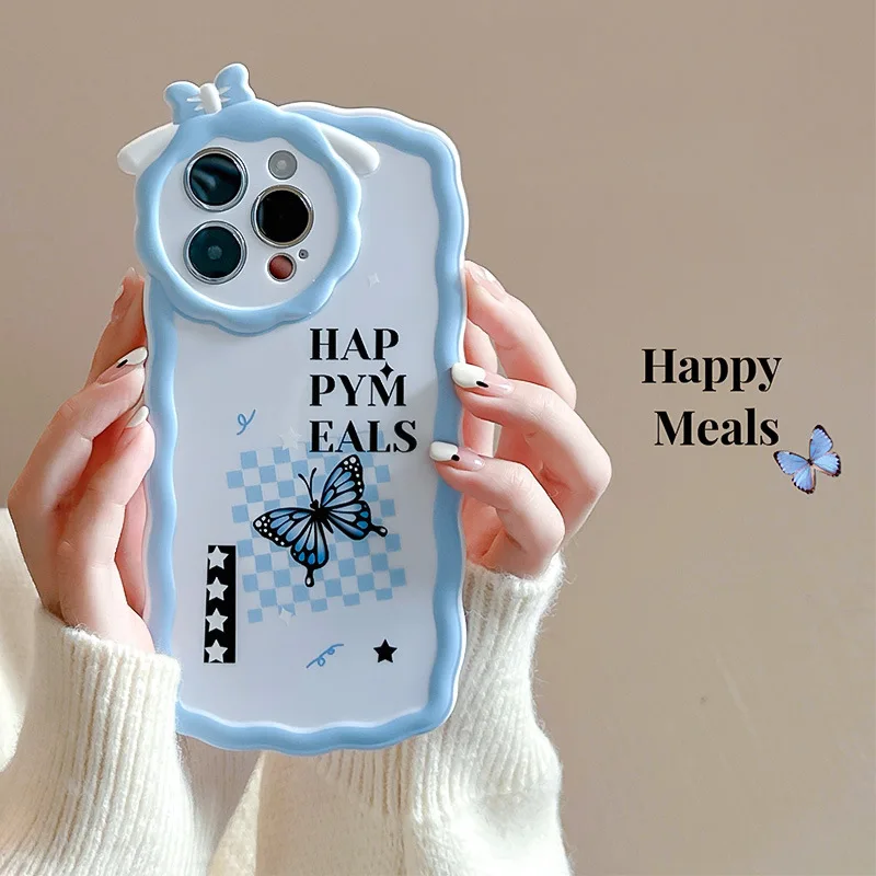 

Chic Style Blue Plaid Butterfly Bow Phone Case for iPhone 14 12 13 11 Pro ProMax Plus X XR Xsmax Shockproof Soft Phone Cover