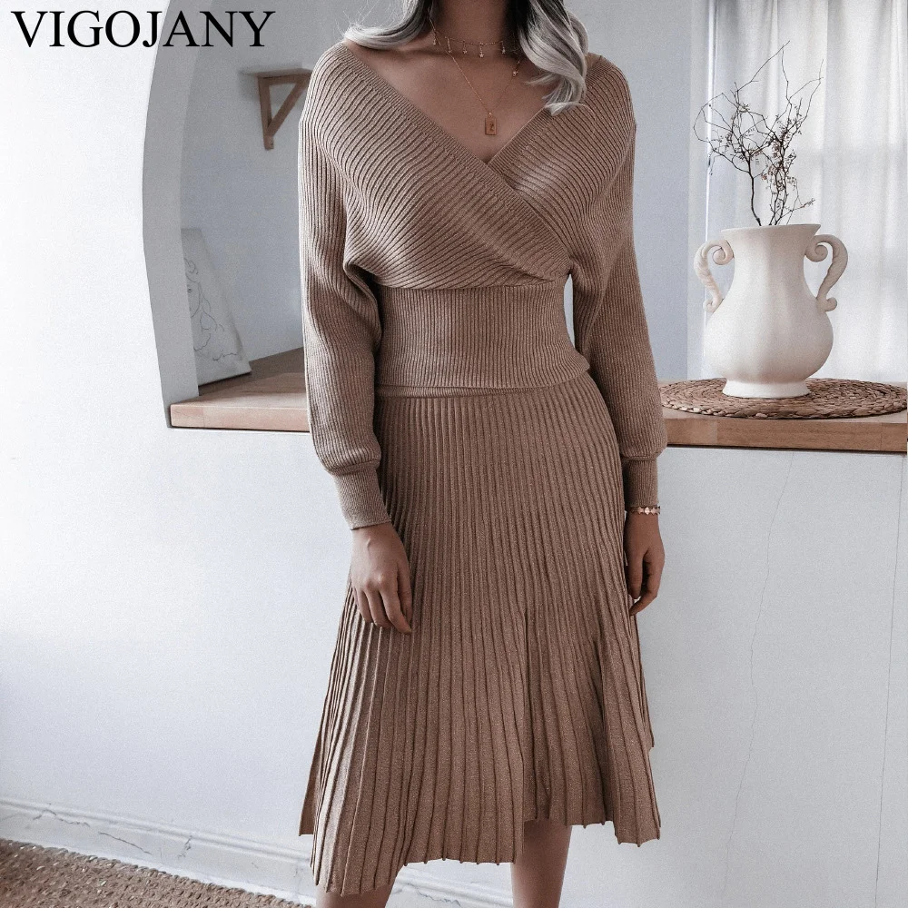 VigoJany 2022 Autumn Winter Women Solid Knit Suit Long Sleeve V Neck Tops Knitted Pleated Skirt Ladies Slim Fit Sweater Set
