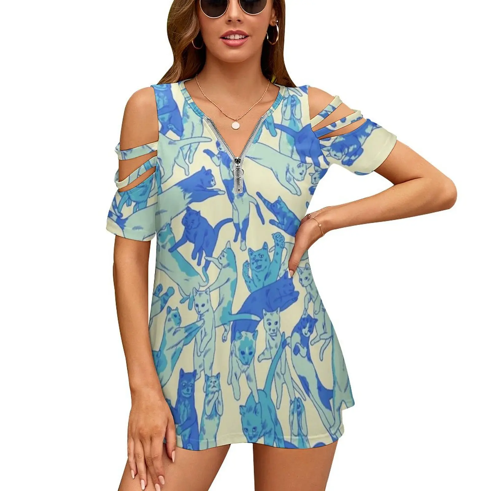 

Женская летняя футболка с V-образным вырезом и цветочным принтом