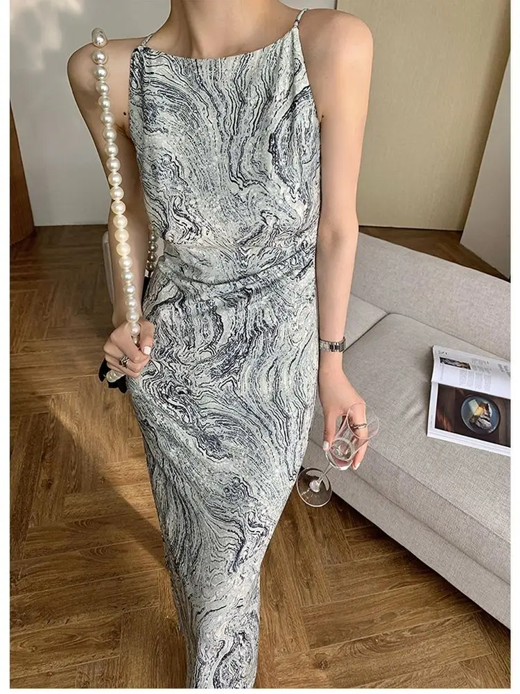 

New Summer Women Elegant Spaghetti Strap Print Midi Dress Ladies Fashion Holiday Party Bodycon Clothes