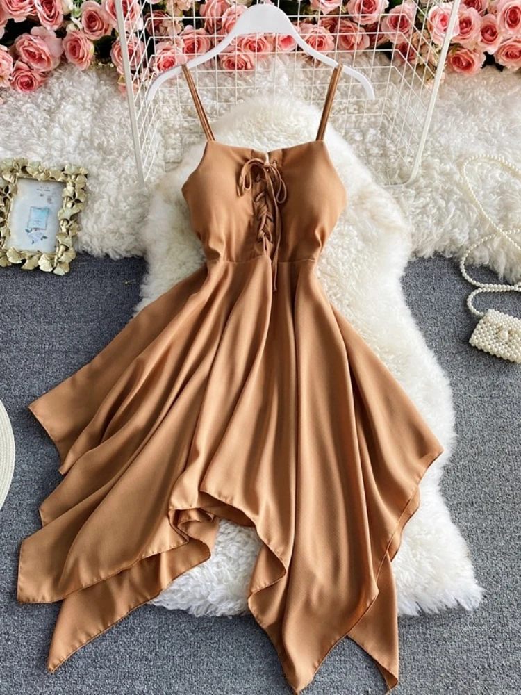 

2022 summer new all-match solid color lace-up slim fit sleeveless irregular big swing tube top suspender dress