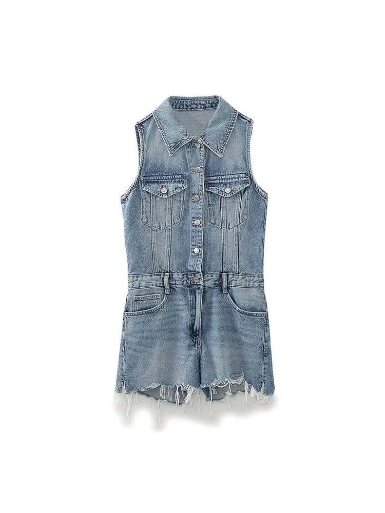 

PB&ZA Women New Fashion Denim Short Jumpsuit Vintage Sleeveless Button Pocket Slim-Fit Casual Chic Female Playsuits Mujer