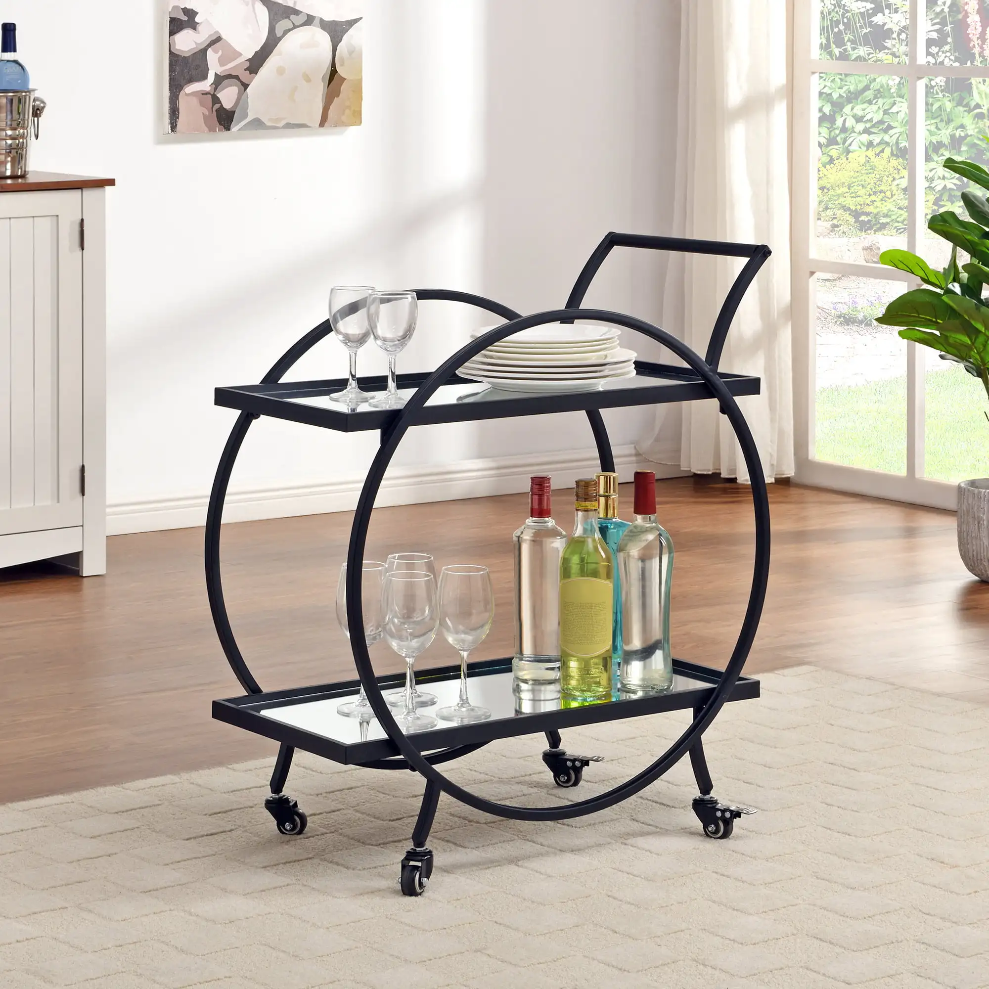 

Black Odessa Mirrored Bar Cart, Glam, Metal, 27.5 x 14 x 33 in