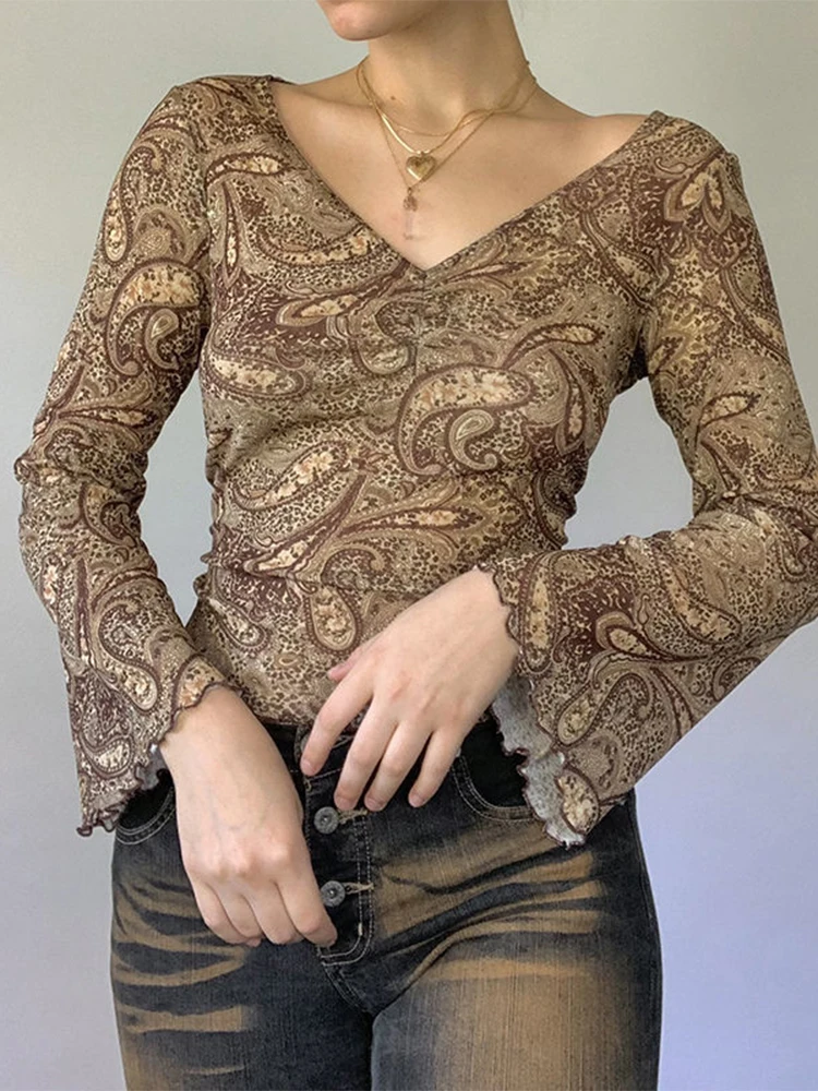 

Блузка женская с V-образным вырезом, элегантный повседневный модный короткий пуловер с рукавами-фонариками, винтажная рубашка с цветочным п...