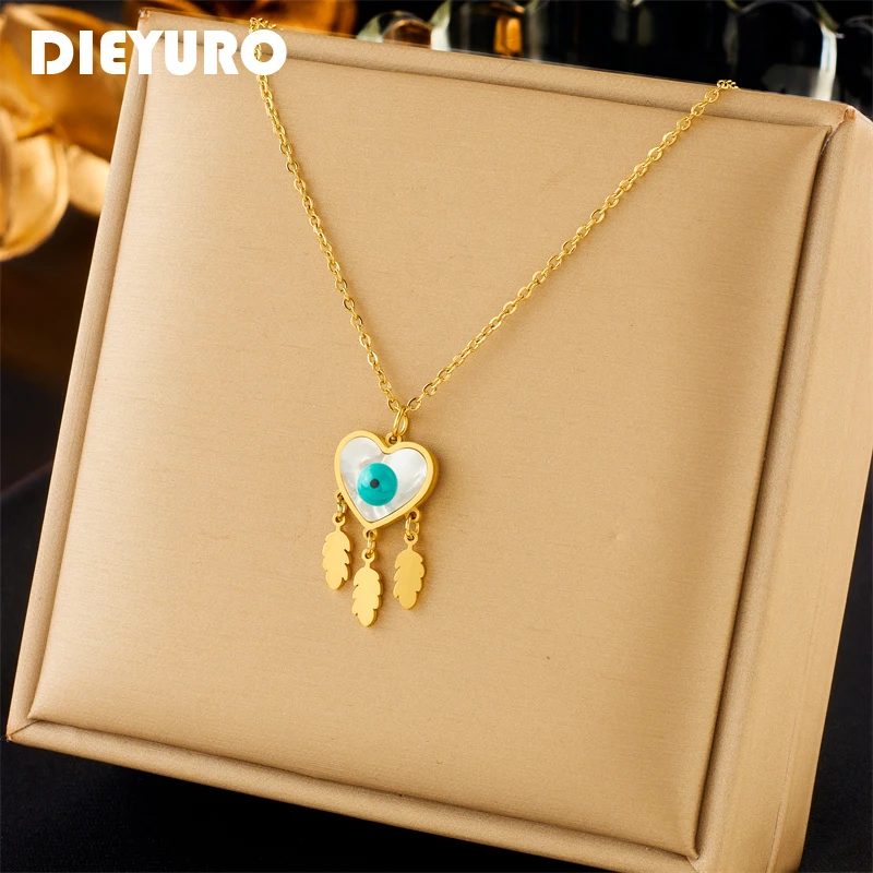 

DIEYURO 316L Stainless Steel Heart Eye Feather Pendant Necklace For Women Girl New Trend Clavicle Chain Non-fading Jewelry Gifts