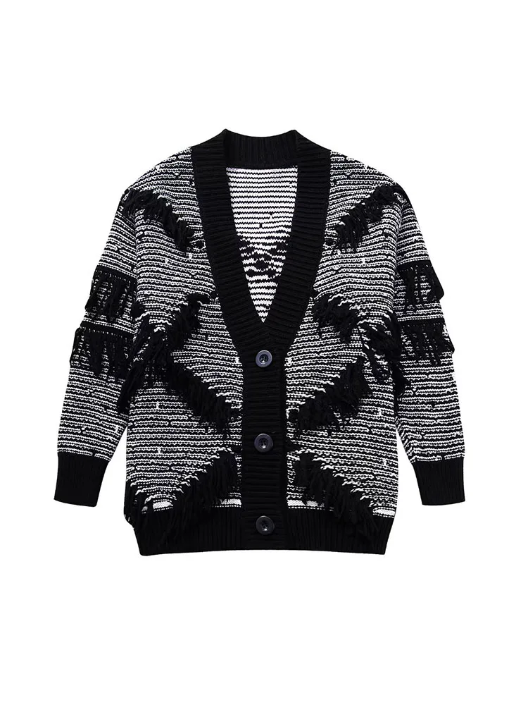 

PB&ZA Women New Fashion Tassel Jacquard Cardigan Sweater Vintage V Neck Long-Sleeved All-Match Casual Female Outerwear Chic Tops