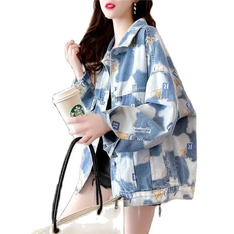 

2022 NEW Chic Cowboy Denim Jacket Female Fashion Design Print Women's Denim Coat Loose Spring Autumn Casual Jeans Outerwear