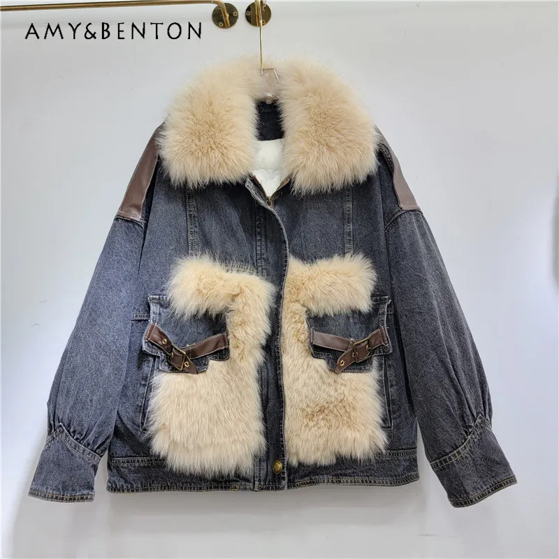 

European Station Denim Faux Fur Coat Female Fox Furry Parka Down Jacket Young 2023 Winter New Fleece-lined Warm Jaqueta Feminina