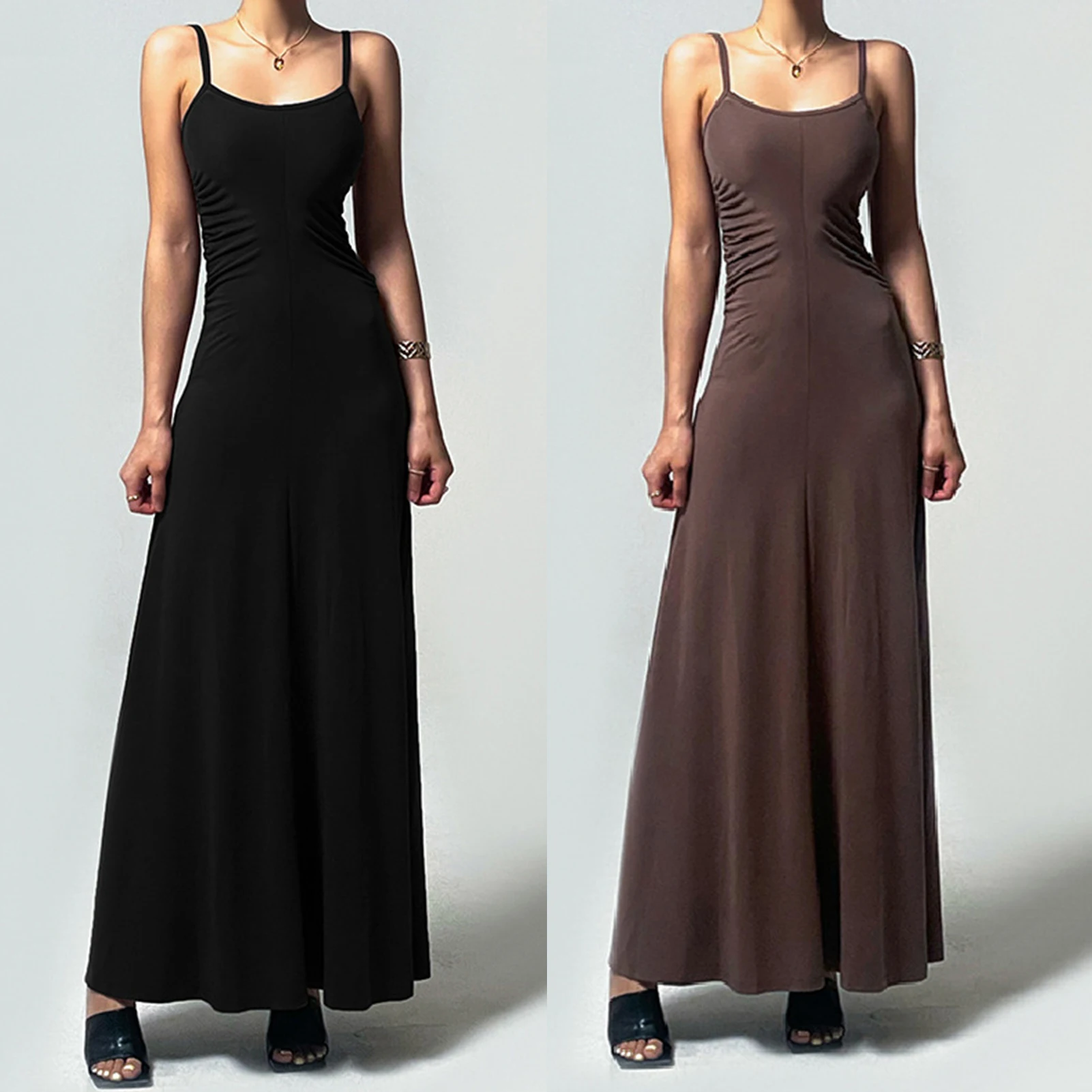 

Женское длинное платье с рюшами, облегающее однотонное вечернее платье без рукавов на бретелях-спагетти, Клубная одежда, женский наряд, 2023