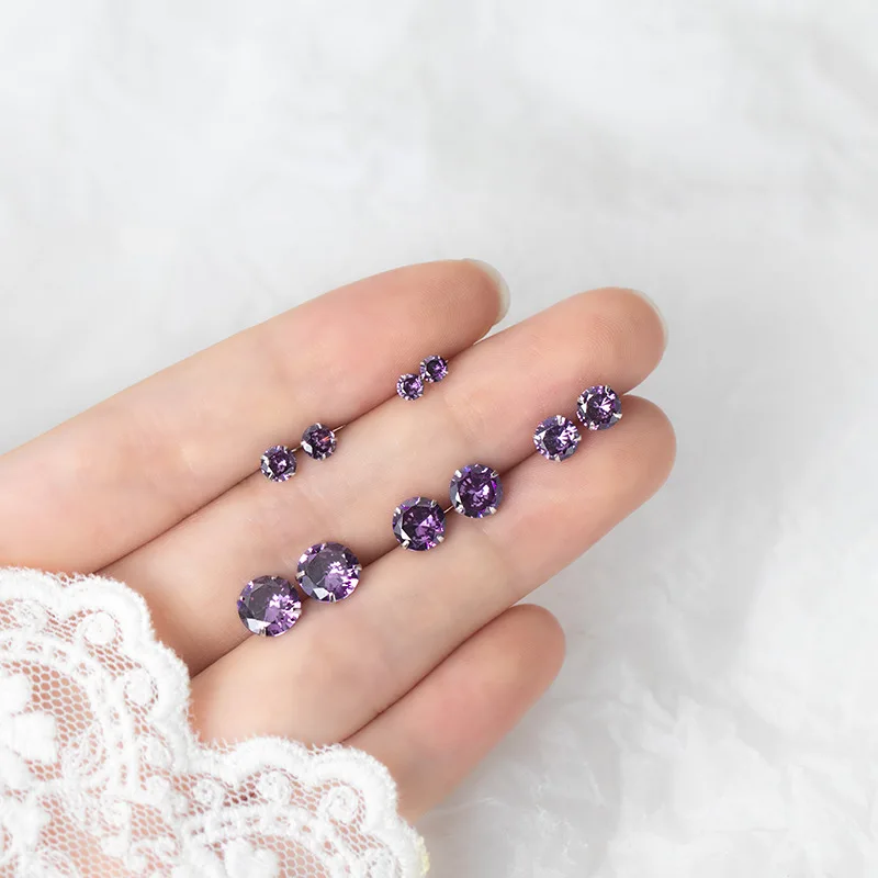 

925 Sterling Silver 3 4 5 6 7mm Cute Round Purple Zirconia Stud Earrings For Women Wedding Fashion Jewelry