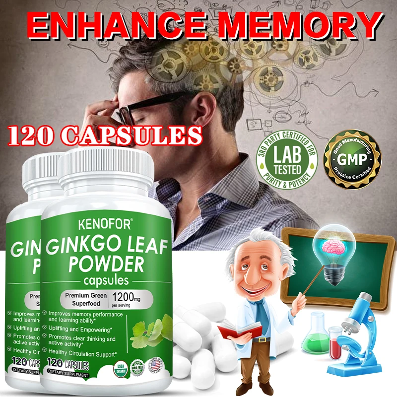 

KENOFOR Organic Ginkgo Leaf Powder Capsules with Vitamin C & Black Pepper, No Fillers, Support Brain Function & Mental Alertness