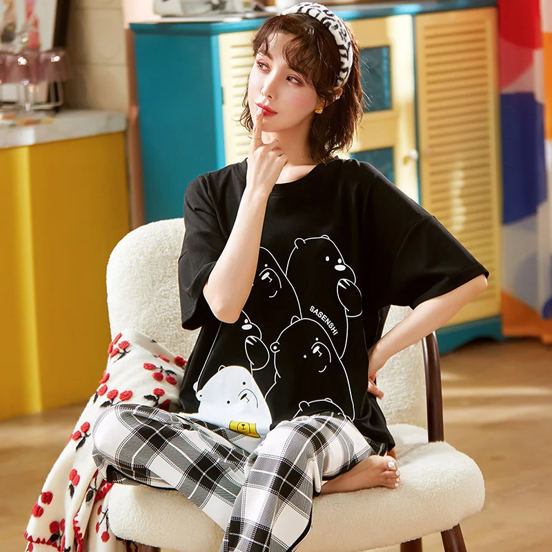 Pajamas Women's Summer Short Sleeved Trousers Two-piece Set of Pure Cotton Lovely Sweet Casual Home Clothes