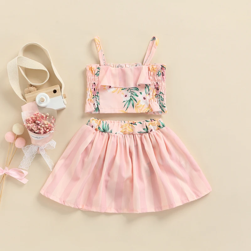 

Elegant Baby Girl Skirt Set 3-24M Square Neck Pleated Camisole Elastic Waist Stripe Floral Printed Skirt for Girls Summer Outfit