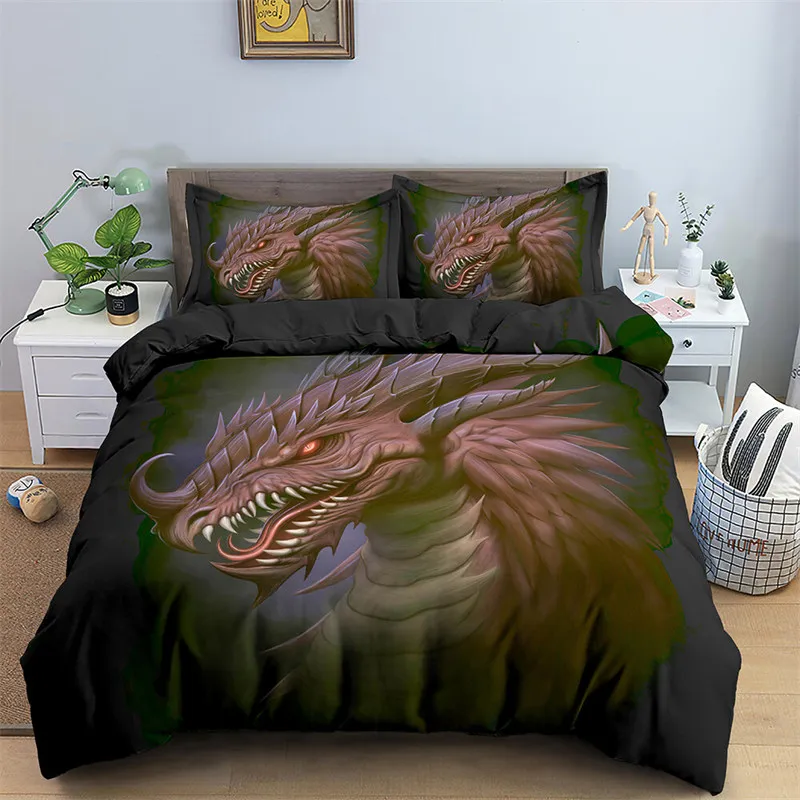 

Microfiber Mythical Monster Bedding Set 3D Cool Head of Dragon Duvet Cover Ancient Wild Animal Comforter Cover Twin For Boy Teen