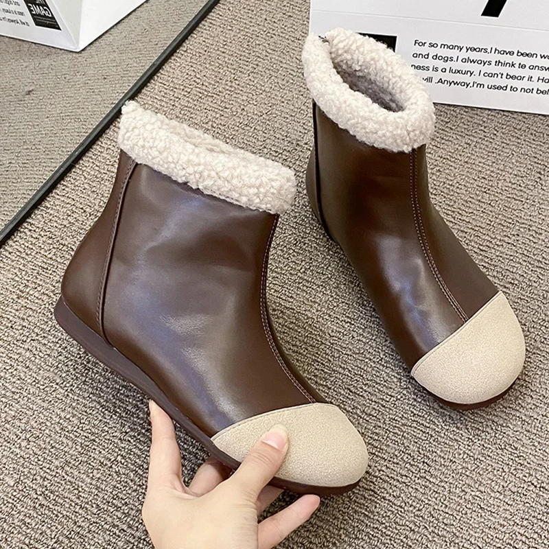 

Women Fur Flats Shoes Warm Walking Chelsea Boots Winter 2024 Designer New Ankle Snow Boots Zipper Casual Gladiator Bottine Femme