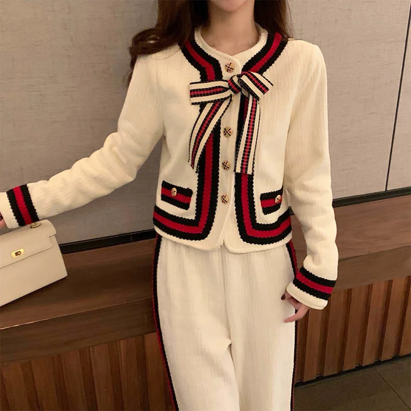 

Женский брючный костюм из двух предметов, однобортный твидовый пиджак с бантом и однотонные длинные брюки, весна 2022